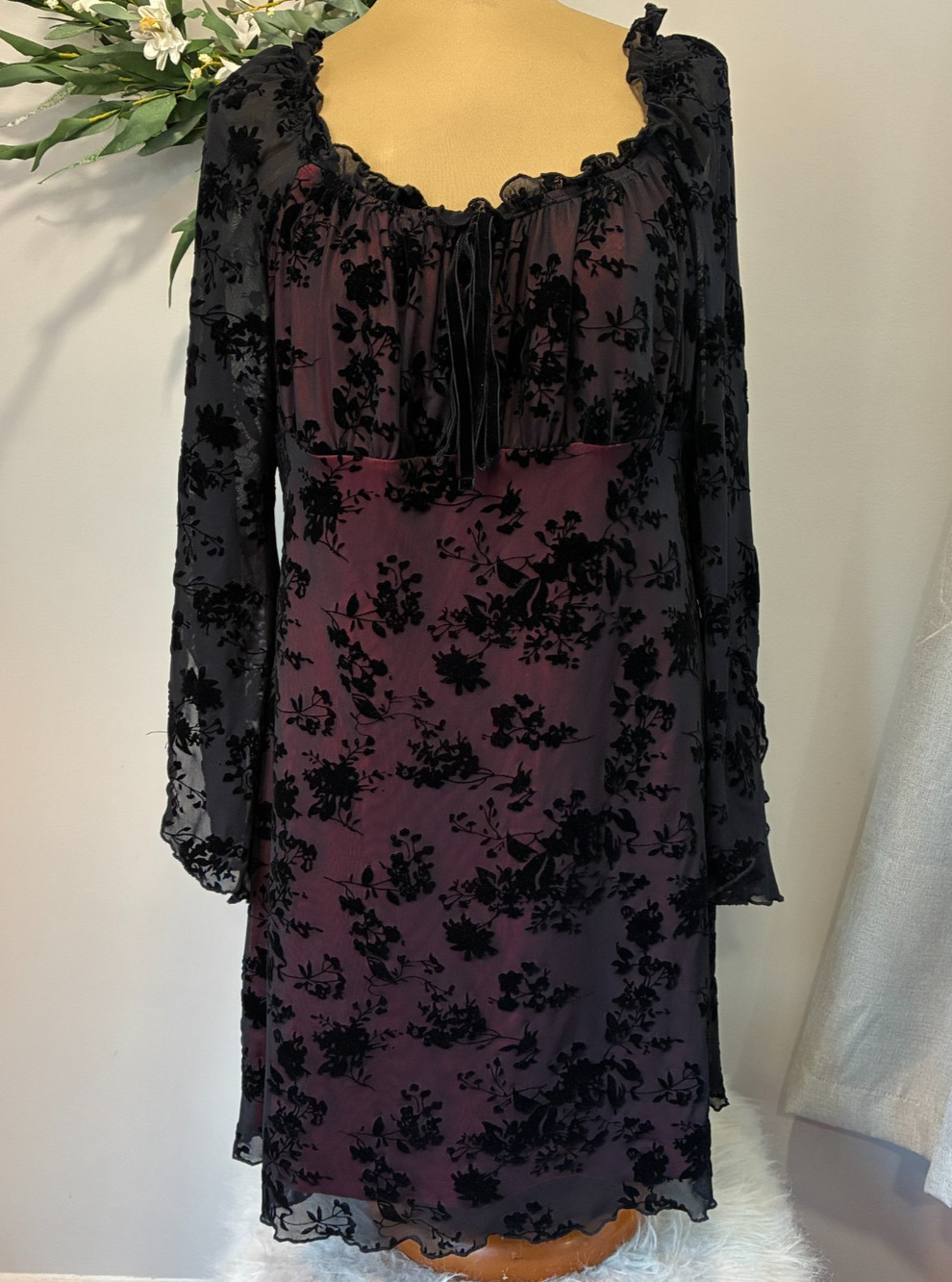 Velvet Burnout Floral Mesh Dress Burgundy Black Flounce Sleeve Goth Shein, 2XL